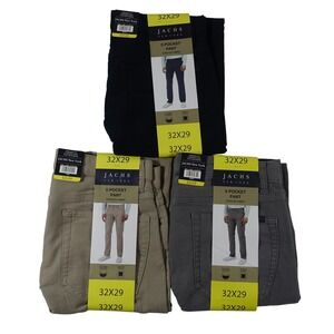 Jachs New York Mens 32x29 Navy Gray Tan 5 Pocket Stretch Fabric Pants 3 Pair